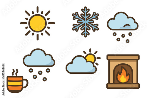 Seasonal weather icons set with sunny sun, snowflake, falling snow clouds, cozy fireplace, hot drink, and partly cloudy sun in flat cartoon style, transparent background