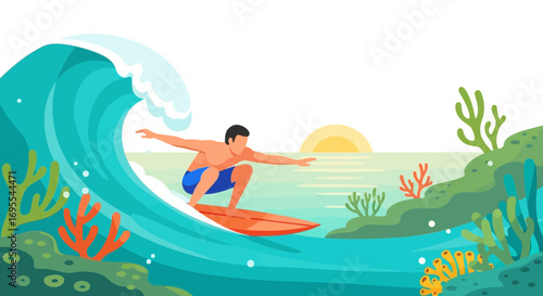 A Surfer Riding The Majestic Wave With Lush Coastal Flora At Sundown, Vibrant Scene