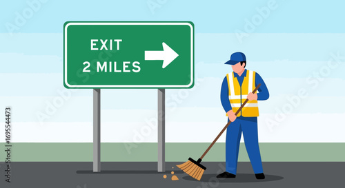 Roadside Maintenance Man Sweeping Street Next to Exit Sign Illustration