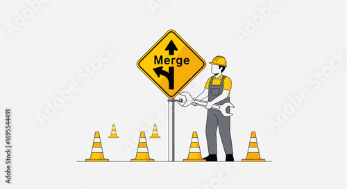 Roadway Technician Inspects Merge Sign Amidst Traffic Cones Illustration For Safety Protocols
