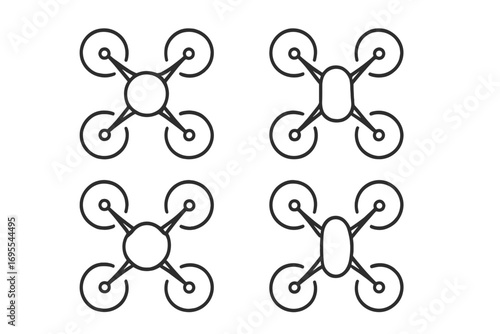 Drone icon set. Minimalist quadcopter line art collection. Modern sleek linear vector design for technology. UAV aerial vehicle symbol. Simple outline illustration.
