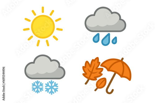 Seasonal weather icons sun rain snow autumn essentials flat style cartoon vector illustration set transparent background decorative elements for designs