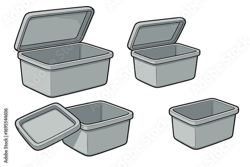 Various Sizes of Open Plastic Storage Containers with Lids, Stackable and Versatile Kitchen or Home Organization Solutions, Vector Cartoon Illustration Transparent Background