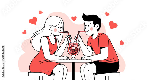 Romantic Couple Enjoying Cocktail with Straws On Valentine's Day Date