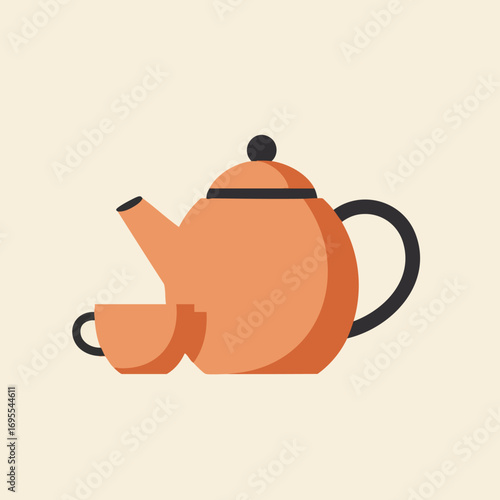 A minimalist illustration of an orange teapot and a matching cup, set against a plain, light-colored background.
