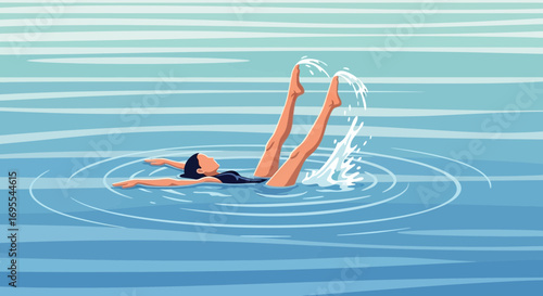 A swimmer performs an inverted synchronized swimming pose in calm turquoise waters