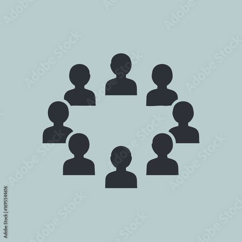 Eight stylized human figures arranged in a circular formation, representing a group, team, or community.