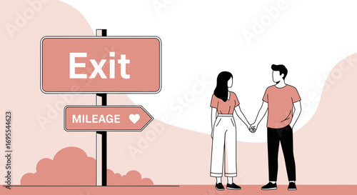 Romantic Couple Holding Hands Beside Sign Illustrating Exit and Mileage Concept