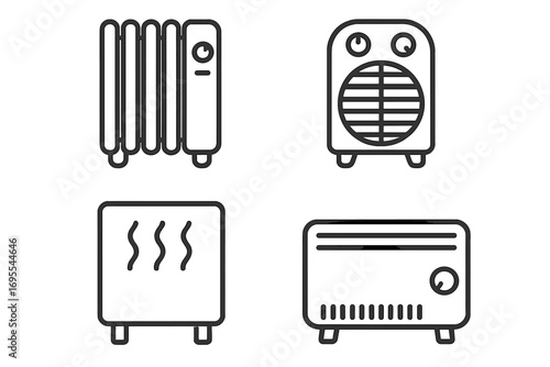 Heater icon set vector illustration. Minimalist line art of various electric heaters like radiator, fan heater, and convector. Home appliance for heating, warmth and comfort.
