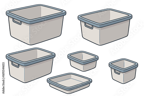 Various sizes of open storage containers in clean layout for easy selection, plastic bins with handles, nesting boxes, empty organizer trays, household storage solution vector illustration
