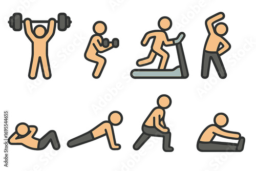 Simple flat style exercise icons for workout and stretching routines, vector cartoon illustration set with transparent background, fitness, training, gym exercises
