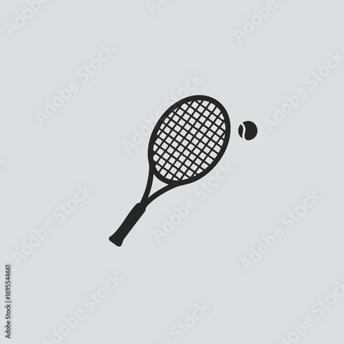 Black and white illustration of a tennis racket and ball, representing the sport of tennis.