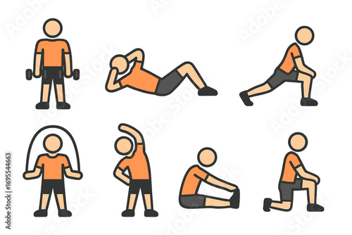 Simple flat style workout and stretching exercise icons, vector cartoon illustration, set of fitness routines, gym training actions, health and wellness symbols, transparent background