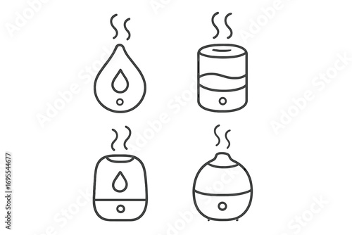 Humidifier and aroma diffuser minimalist line icon set. Vector symbols for air purification, steam, and aromatherapy for wellness. Outline icons for home appliance design.