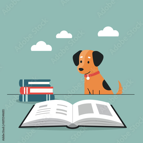 Charming flat design illustration of a curious dog looking at an open book, evoking wonder and exploration in the world of reading and imagination.