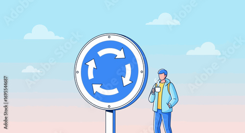 Roundabout Sign with A Person Drinking Coffee and Light Blue Sky Background