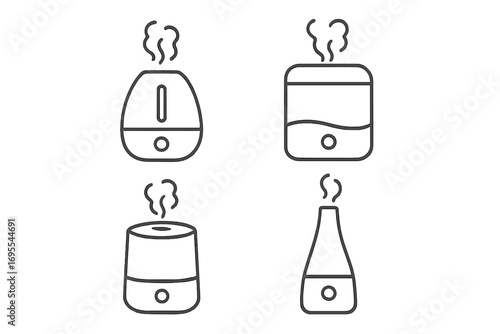 Line art icon set of humidifiers and diffusers for home wellness. Minimalist vector illustration of air moisturizing devices, steam, and vapor for healthy living concepts.