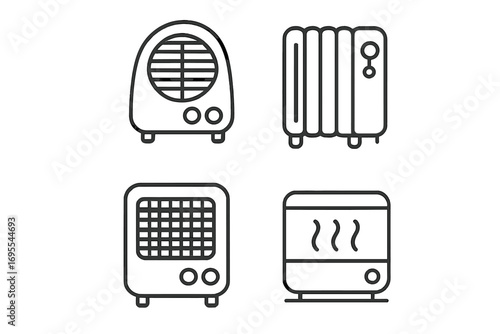 Set of portable electric heaters line icons. Minimalist vector cartoon illustration of various heating appliances. Fan heater, oil radiator, convector pictogram collection.