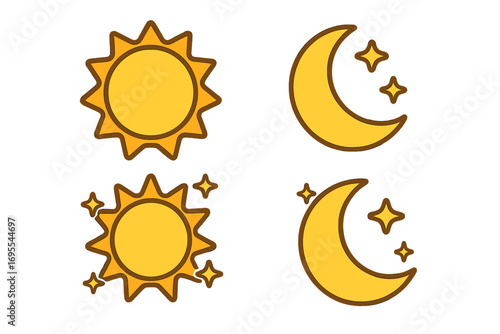 Sun and moon icons with star elements, flat design style vector illustration, cartoon celestial symbols, transparent background, ordered set for weather and night-day concepts