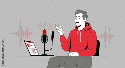 Podcast Recording Session Depicted With Modern Technology, Microphone, and Soundwaves