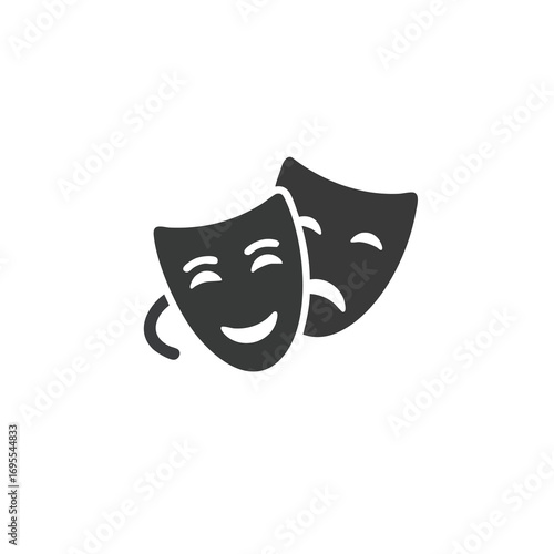 A pair of theatrical masks, one happy and one sad, symbolize comedy and tragedy.