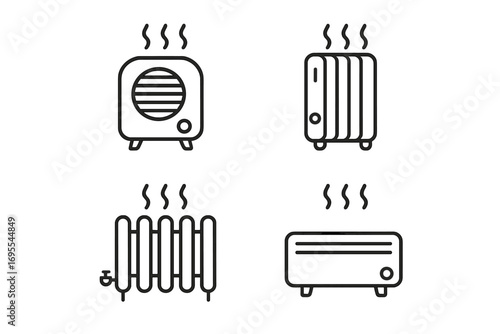 Heater and radiator minimalist line icons set. Home heating system vector symbols. Electric heat, convector, fan heater and climate control outline pictogram collection.