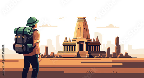 A tourist exploring an ancient temple with a backpack in a vector flat illustration