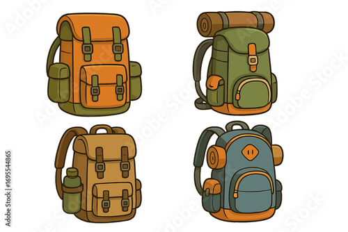 Various styles of outdoor backpacks for camping and hiking, travel gear and adventure packs, colorful cartoon vector illustration, hiking equipment, trekking bags designs