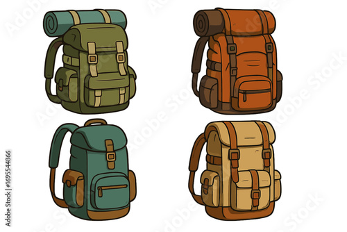 Various styles of outdoor backpacks for camping, hiking and trekking. Vector cartoon illustration of camping bags with rolled mats, durable travel rucksacks on light background