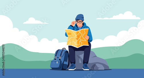 A Tourist Looks at a Map with Green Mountain in the Background Vector Illustration