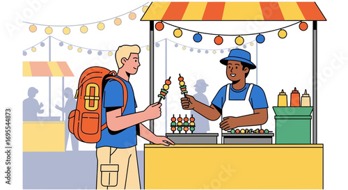 A Traveler Acquiring An Appetizing Skewer From A Cheerful Street Food Vendor Booth