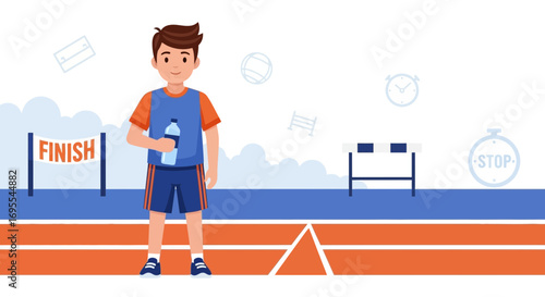 Runner Holding Water, Finish Line, Hurdles, and Stopwatch Depicting Athleticism and Sportsmanship