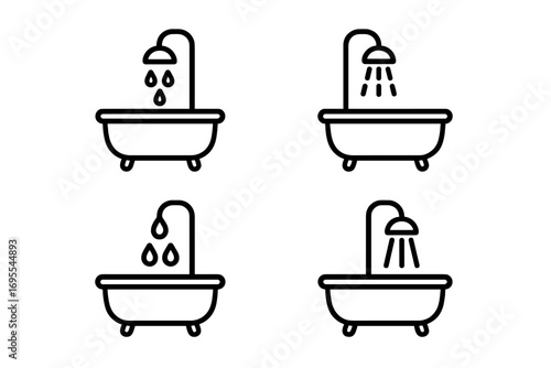 Bathtub and shower linear icon set. Vector bathroom symbols. Minimalist outline collection of bath with water drops and spray. Hygiene and cleaning concept graphic element.