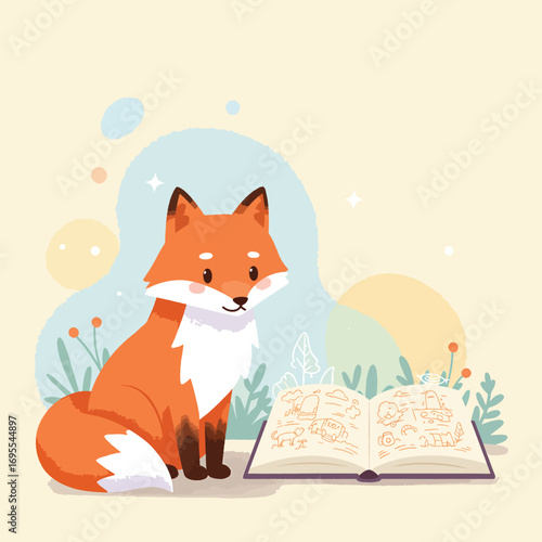 A charming illustration of a fox sitting beside an open book, inspiring thoughts of adventure and storytelling amidst a soft, colorful background.