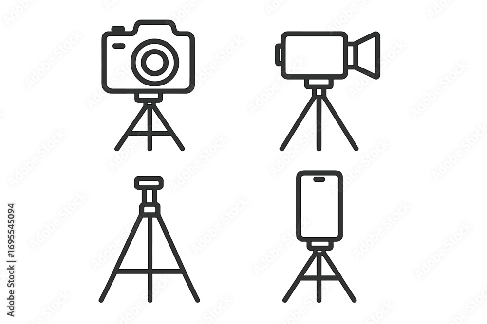 Obraz premium Minimalist linear tripod icons set for photography and videography. Vector illustration of a camera, camcorder, and smartphone on a stand. Vlogging and content creator gear.