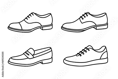 Collection of men's shoes outline icon set. Vector illustration of classic and casual footwear. Includes oxford, derby, loafer and sneaker for fashion and style concepts.