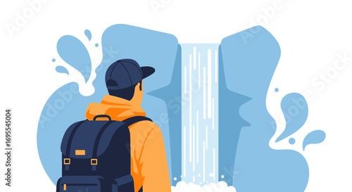 A traveler with backpack enjoying a waterfall and natural environment