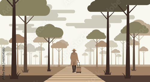A Traveler With Luggage Walking Along A Pathway Surrounded By Trees After A Journey