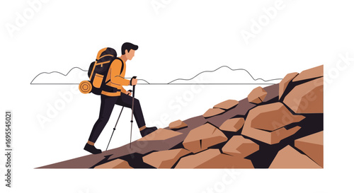 A Vector Illustration of a Hiker Climbing a Mountain and Enjoying Outdoor Adventure