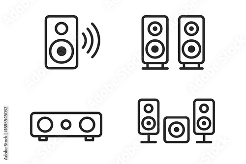 Audio speaker line icon set. Sound system symbols. Vector pictogram of stereo speakers, home theater, soundbar, and subwoofer. Minimalist electronic music equipment outline.