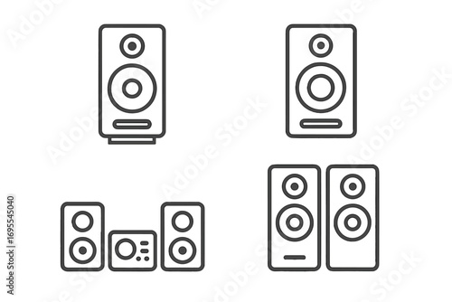 Speaker icon set. Audio system collection. Vector linear style. Sound equipment symbols for music and multimedia. Stereo, woofer, home cinema signs. Minimal outline graphic.