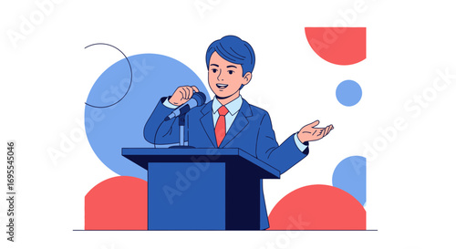 A vector illustration of a man giving a speech or presentation on a podium