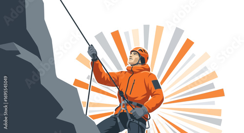 A Vector Illustration of a Rock Climber Ascending a Cliff Face with Safety Gear