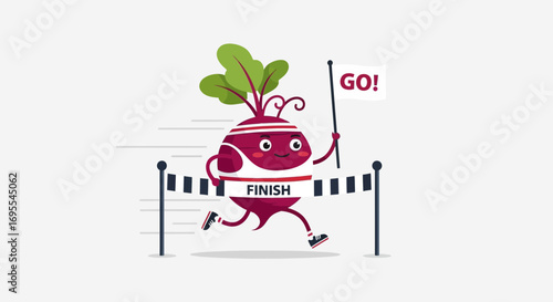 Running Beetroot Cartoon Character Finishing Race and Celebrating Victory with a Flag