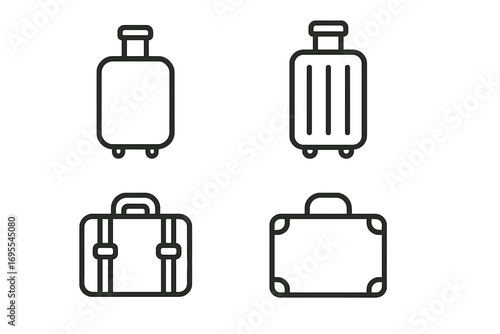 Simple suitcase and luggage icon set. Minimalist line art vector of travel bags, trolley, and baggage for tourism, vacation, or business trip. Symbol collection for airport.