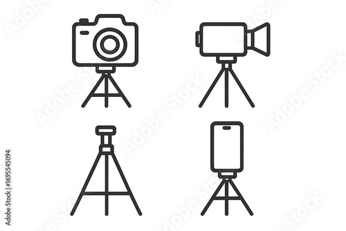 Minimalist linear tripod icons set for photography and videography. Vector illustration of a camera, camcorder, and smartphone on a stand. Vlogging and content creator gear.