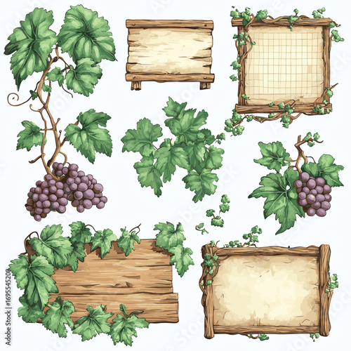 Wooden signboards with old paper, stems ivy, liana, grapes, vine, swamp moss, forest lichen