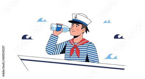 Sailor Hydrating On The Sea, Illustration Of A Young Man Drinking Water, In A Boat