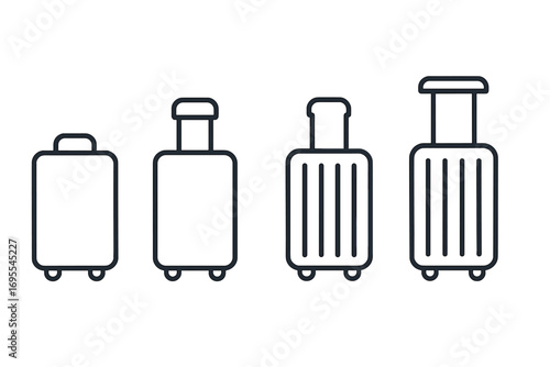 Luggage icon set, minimalist line art style. Suitcase vector collection on wheels with different handles. Simple outline graphic for travel, baggage, and carry-on concepts.