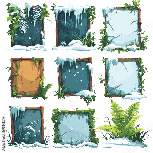 Cartoon game panels with swamp moss, forest lichen, liana branches, jungle leaves, ivy